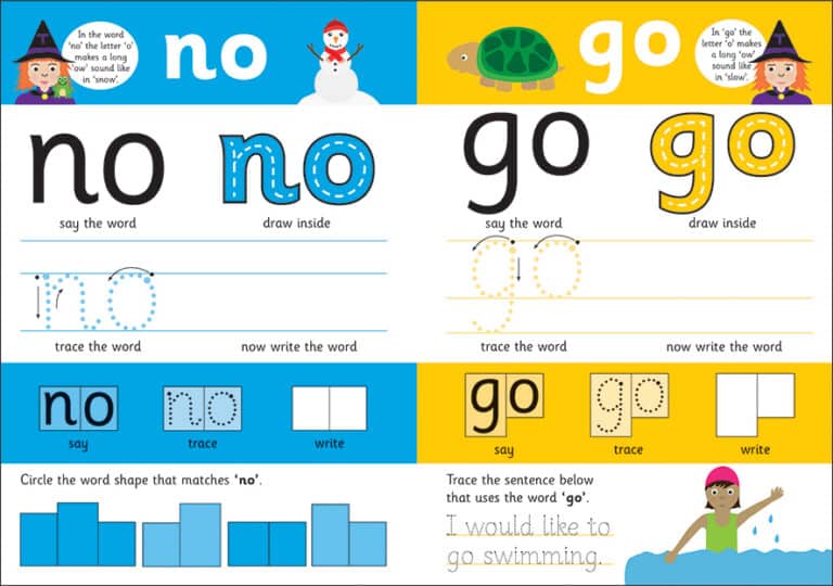 Interactive children's learning page for tracing and writing the words "no" and "go" with illustrations.