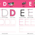 Alphabet practice worksheet for letters D and E with pictures: doll, duck, emu, elephant. Includes tracing guides.