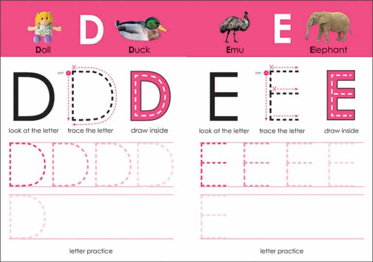 Alphabet practice worksheet for letters D and E with pictures: doll, duck, emu, elephant. Includes tracing guides.