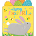 Cartoon bunny and Easter eggs on a yellow background with "Happy Easter!" text, flowers, and a bee.