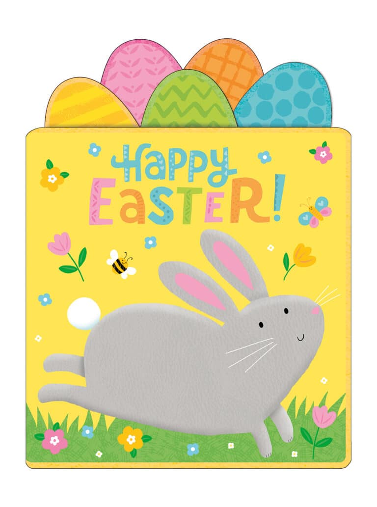 Cartoon bunny and Easter eggs on a yellow background with "Happy Easter!" text, flowers, and a bee.