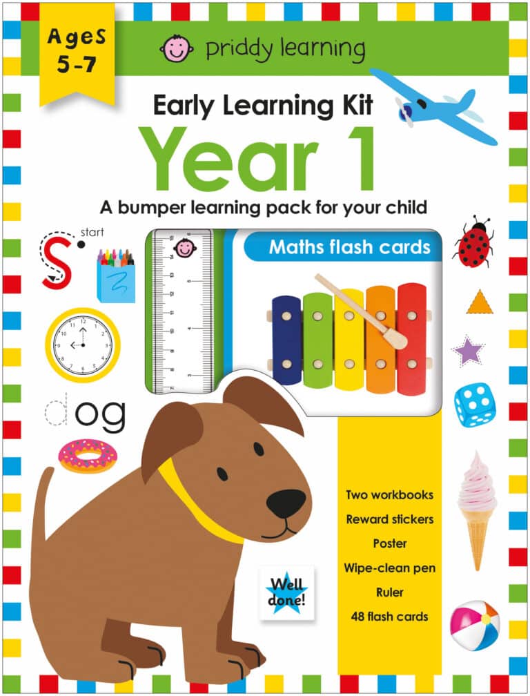 Colorful educational kit cover for Year 1, featuring a dog, math flash cards, and children's learning materials.