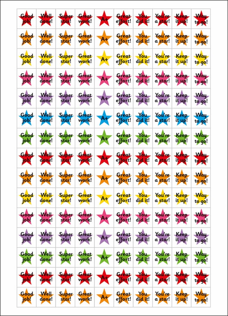 A sheet of colorful star stickers with encouraging phrases like "Great job!" and "Keep it up!.