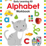 Colorful alphabet workbook cover with cat illustration and various objects.