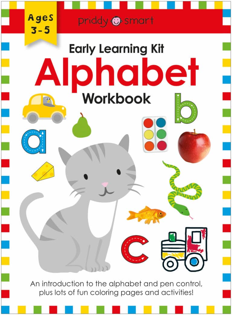Colorful alphabet workbook cover with cat illustration and various objects.