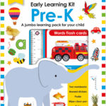 Colorful "Pre-K" learning kit cover with elephant, toy truck, flashcards, and educational items for ages 3-5.
