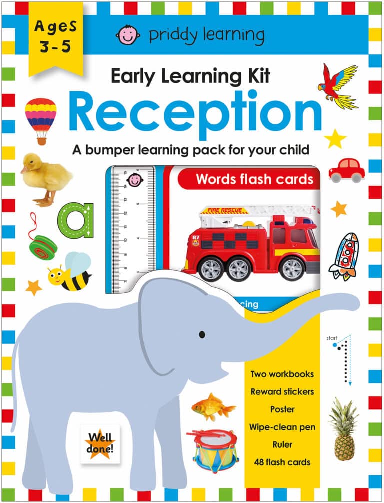 Colorful early learning kit with flash cards, posters, and an elephant graphic. Suitable for ages 3-5.