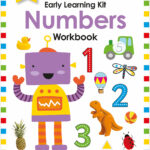 Children's numbers workbook cover with robot, toys, and colorful illustrations. For ages 3-5.