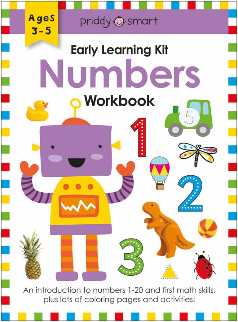 Children's numbers workbook cover with robot, toys, and colorful illustrations. For ages 3-5.