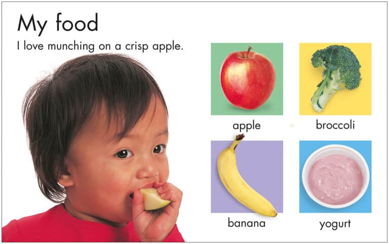 Child eating an apple with images of apple, broccoli, banana, and yogurt labeled nearby.