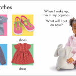 Child in pajamas with toy, text about choosing clothes: T-shirt, pants, shoes, dress.