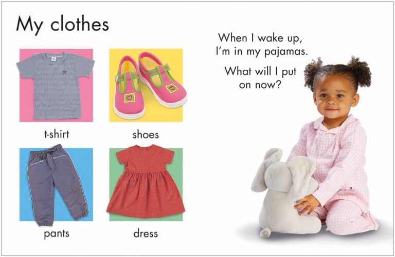 Child in pajamas with toy, text about choosing clothes: T-shirt, pants, shoes, dress.