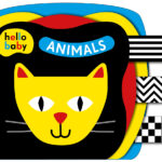 Colorful baby book cover featuring a simple yellow cat face design and the words "hello baby ANIMALS.