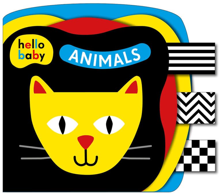 Colorful baby book cover featuring a simple yellow cat face design and the words "hello baby ANIMALS.