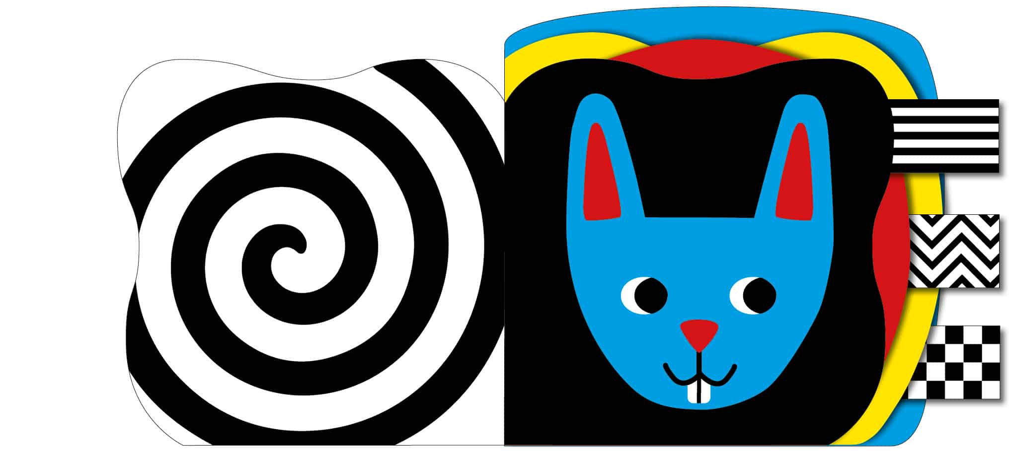 HelloBaby_Animals_Spread 1 LR RGB Black-and-white spiral on left; blue cartoon rabbit with red ears on right, against a colorful abstract background.