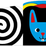 A bold black and white spiral on the left, and a blue cartoon bunny face with red ears on a black background on the right.