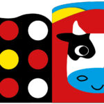 Colorful cow illustration with bold patterns and black, red, white circles on the left side.