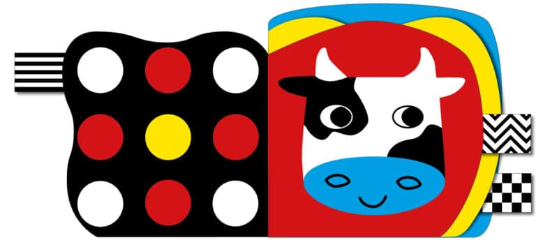 Colorful cow illustration with bold patterns and black, red, white circles on the left side.