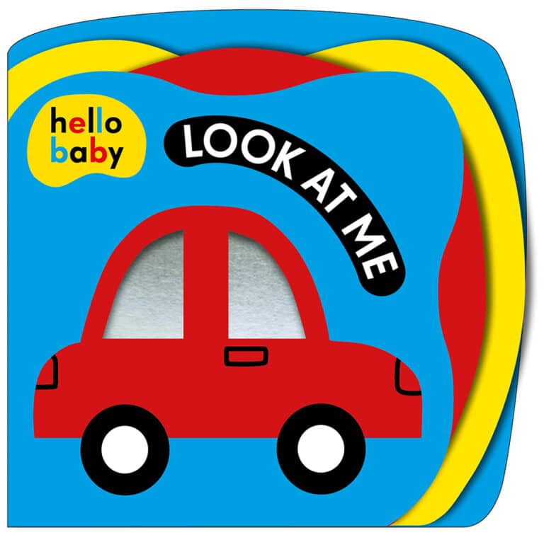 Colorful baby book cover with a red car illustration and the text "hello baby" and "LOOK AT ME.
