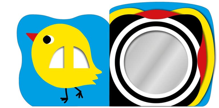 Bright yellow chick on left page; round mirror on right page, surrounded by bold, black and red pattern.
