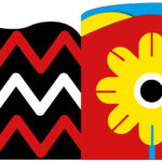 Abstract pattern with red and black zigzags on the left; yellow flower on a red, blue, and yellow background on the right.