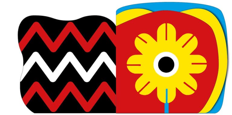 A zigzag pattern on the left and a stylized yellow flower on a red background on the right.