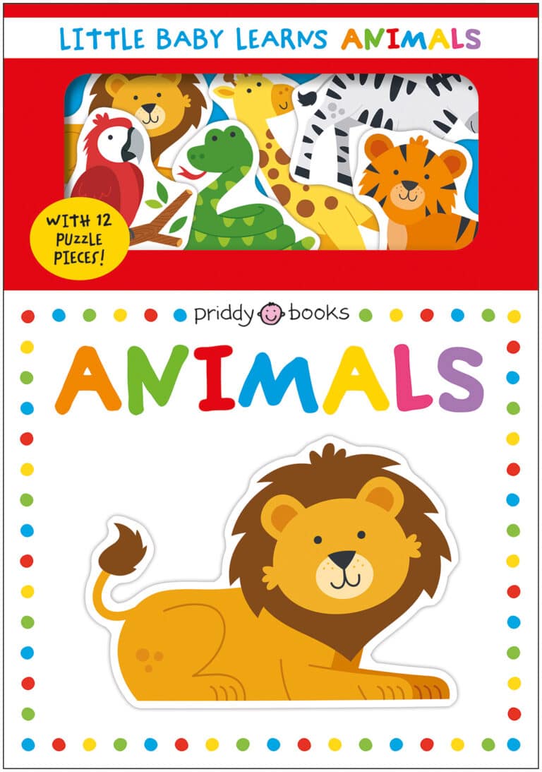 Children's puzzle book cover featuring animals like a lion, zebra, and parrot. Text reads "Little Baby Learns Animals.