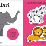 Children's book page with an elephant, zebra, lion, and giraffe puzzle pieces labeled for matching.
