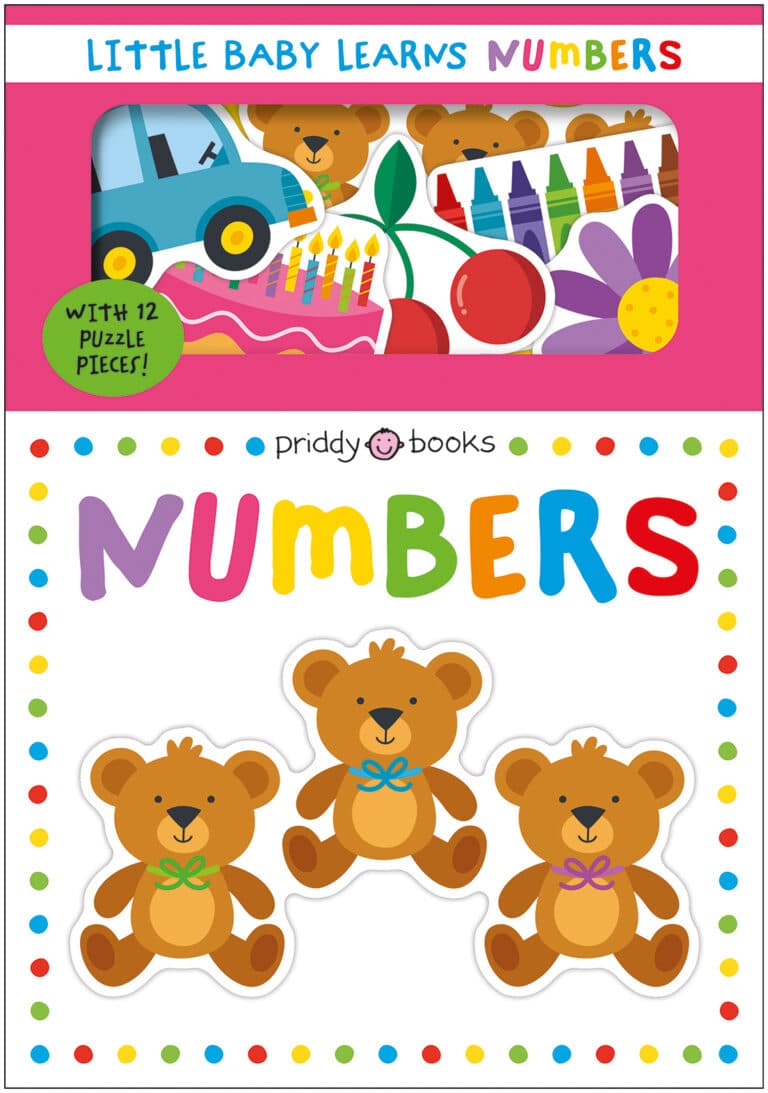 Colorful children's book cover with bears, a truck, crayons, and a flower, titled "Little Baby Learns Numbers.