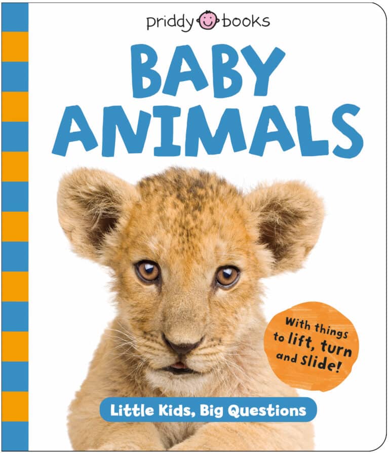 Illustrated book cover featuring a lion cub, titled "Baby Animals" with interactive elements.