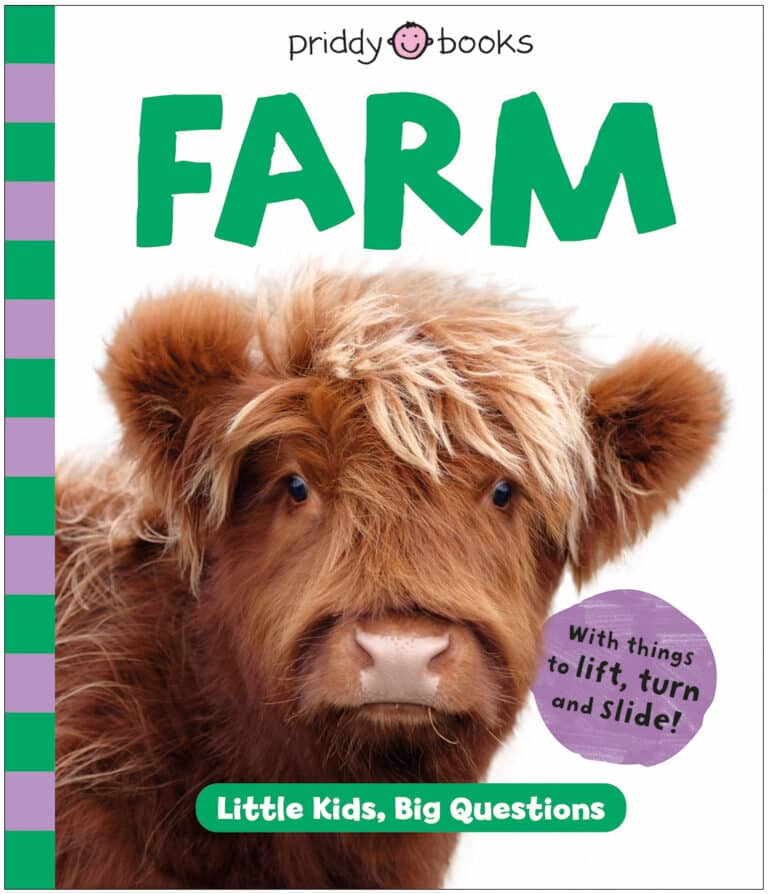 Children's book cover titled "Farm" with a fluffy cow on the front.