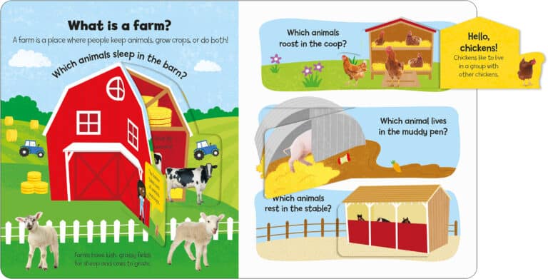 Illustrated farm scene with a barn, cows, chickens roosting, and pigs in a muddy pen.