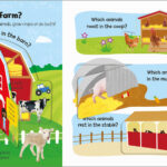 Illustrated farm scene with barn, animals, hay bales, and text questions about animal habitats.