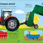 Illustrated farm vehicles: tractor with hay baler, combine harvester, and mini dump truck on a farm background.