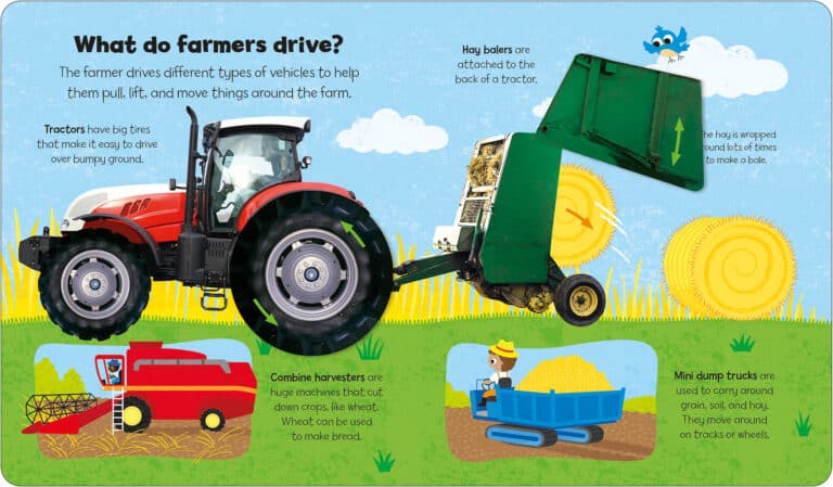 Illustrated farm vehicles: tractor with hay baler, combine harvester, and mini dump truck on a farm background.