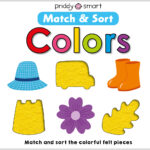 Book cover with colorful felt shapes: hat, truck, boots, sandcastle, flower, and leaf. Text: "Match & Sort Colors".