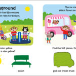 Children at a playground with a slide, ice cream truck, and activities involving colors and matching felt pieces.
