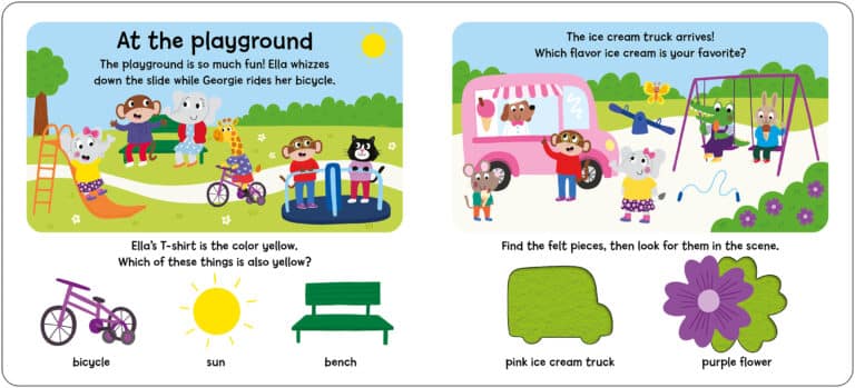 Children at a playground with a slide, ice cream truck, and activities involving colors and matching felt pieces.