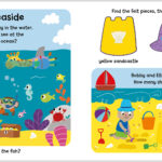 Colorful animals play in the ocean and beach. Felt pieces of a yellow sandcastle, blue hat, and red boat are featured.