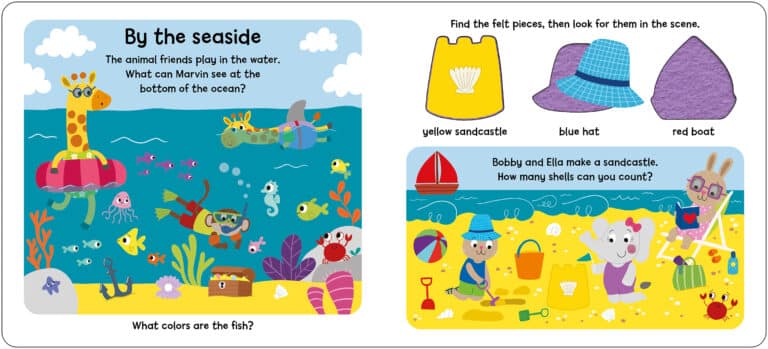 Colorful animals play in the ocean and beach. Felt pieces of a yellow sandcastle, blue hat, and red boat are featured.