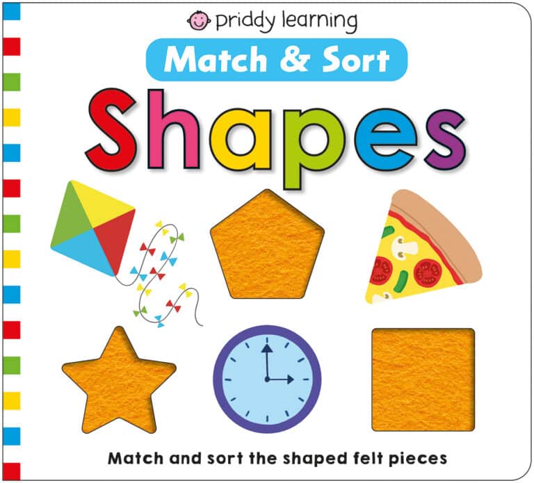 Children's learning book cover with colorful shapes, pizza slice, clock, and kite. "Match & Sort Shapes" title.