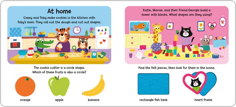 Cute animals bake and play; identify shapes like circles and hearts, and match felt pieces to items.