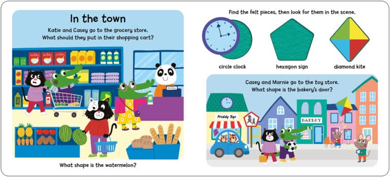 Kids shopping in a town scene; clock, hexagon, kite shapes to find; bakery and toy store included.