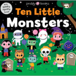 Children's book cover featuring ten cute monsters in a nighttime scene with a haunted house and spooky decorations.