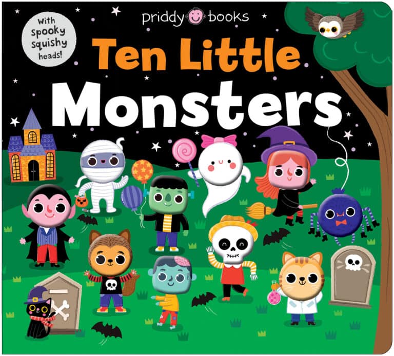Children's book cover featuring ten cute monsters in a nighttime scene with a haunted house and spooky decorations.