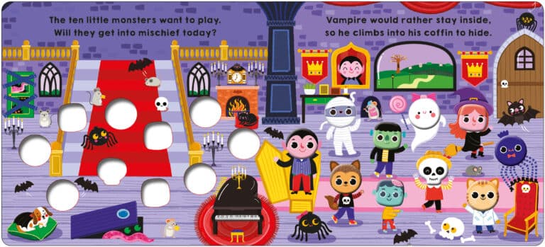 Colorful cartoon of a spooky castle with little monsters, bats, and Halloween decorations.
