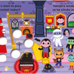 Colorful cartoon of ten little monsters indoors, playing and hiding.