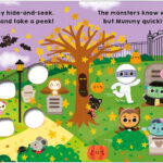 Cute monsters play hide-and-seek in a colorful garden with pumpkins and autumn leaves, as Mummy runs away in fright.