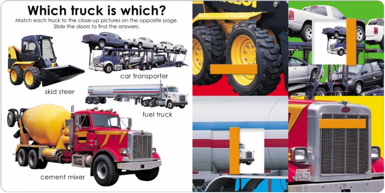 Collage of various trucks: skid steer, car transporter, fuel truck, and cement mixer, shown with close-up sections.
