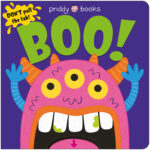 Colorful children's book cover with a three-eyed, pink monster and the word "BOO!" in green text.